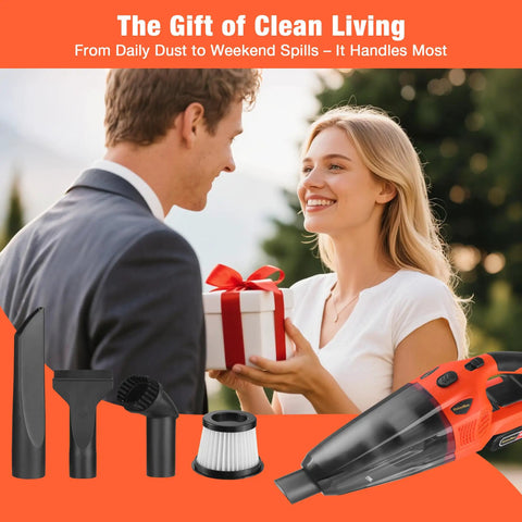 Grab And Go Cordless Handheld Vacuum With 20V Rechargeable Battery And Wet Dry Suction Handles Pet Hair Car Interiors And Quick Kitchen Spills No Sweat At All with attachments and gift presentation.