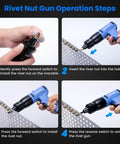 Pneumatic Rivet Nut Gun Kit With M6 M8 M10 Mandrels operation steps for nutsert insertion, self-locking head, adjustable speed