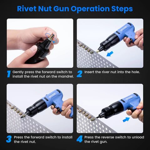 Pneumatic Rivet Nut Gun Kit With M6 M8 M10 Mandrels operation steps for nutsert insertion, self-locking head, adjustable speed