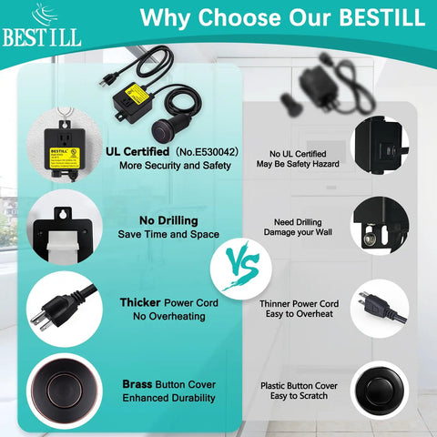 Diagram comparing features of Sink Top Garbage Disposal Air Switch Kit With Long Push Button And Brass Cap UL Listed Oil Rubbed Bronze Finish Easy Install Safe Power Module Single Outlet For A Pro Kitchen Upgrade to other models.