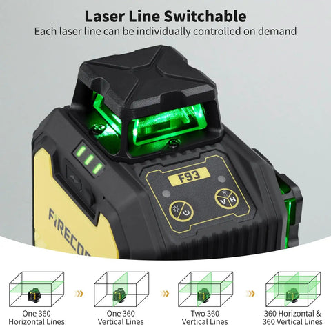 Green Cross Line Laser Level 360 Self Leveling, Rechargeable, Pro Grade Accuracy for Construction and Picture Hanging, Outdoor Pulse Mode Up To 197ft, Three 360 Degree Planes, Hard Case Included.
