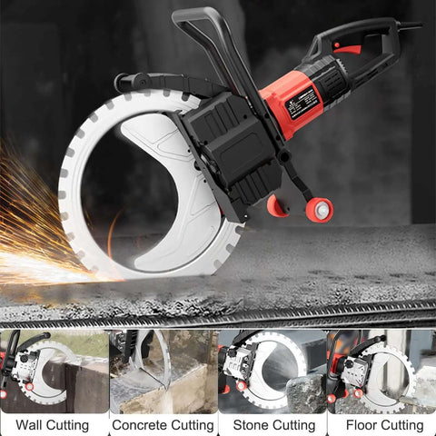 Built like a Tank Electric Ring Saw 110V 8900W Concrete Wall Cutter Diamond Blade Slotter with Water Pump for Brick Granite Marble Grooving 410mm to 600mm Blade Options in action cutting concrete with sparks.