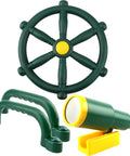 4 Piece Kids Outdoor Playset Accessories Featuring A Plastic Steering Wheel Telescoping Telescope And Safety Handles For Garden Backyard Treehouse And Playhouse Fun In Green Set 1 with green wheel, telescope, and handles