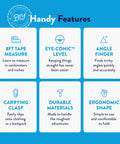 Graphic showcasing features of the Kid Friendly 8 Foot Tape Measure With Blue Bird Design STEM Educational Tool Featuring Level And Protractor