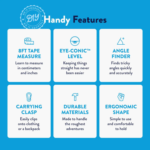 Graphic showcasing features of the Kid Friendly 8 Foot Tape Measure With Blue Bird Design STEM Educational Tool Featuring Level And Protractor
