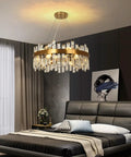 Crystal Ceiling Light Fixture In Black, Semi Flush Mount Round Chandelier Style for Bedroom, Clear Iridescent Crystals