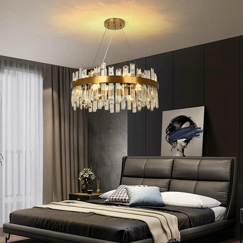 Crystal Ceiling Light Fixture In Black, Semi Flush Mount Round Chandelier Style for Bedroom, Clear Iridescent Crystals