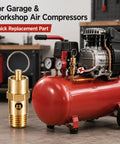 Quarter Inch NPT 200 PSI Brass Air Compressor Pressure Relief Valve Safety Check Valve Vent next to red air compressor