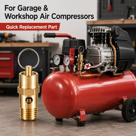 Quarter Inch NPT 200 PSI Brass Air Compressor Pressure Relief Valve Safety Check Valve Vent next to red air compressor