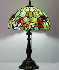 Classic Tiffany Style Table Lamp With Stained Glass Shade, 12 Inch Wide And 19 Inch Tall, Antique Bronze Base, illuminated