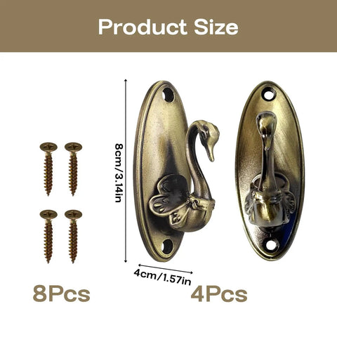 Totally Rad Vintage Swan Wall Hooks 4 Pack Bronze Coat Hooks showing size dimensions and screws for installation.