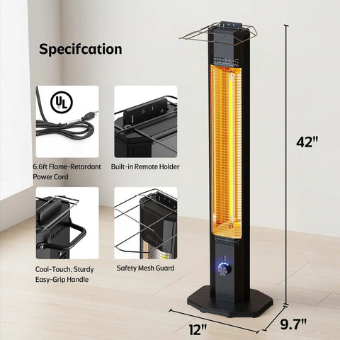 Infrared 1500W Outdoor Patio Heater Tower 42 Inch Tall With 9 Heat Settings And 9H Timer IPX5 Waterproof
