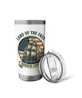Patriotic Stainless Steel Insulated Tumbler With Vintage American Flag Sailboat Design and clear lid, red white and blue vibes.