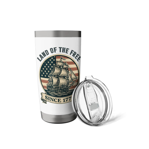 Patriotic Stainless Steel Insulated Tumbler With Vintage American Flag Sailboat Design and clear lid, red white and blue vibes.