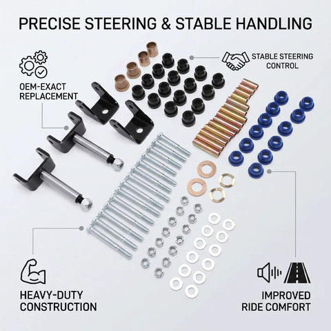 Beefed Up Golf Cart Front End Rebuild Kit For Club Car DS 1993 And Up Gas Or Electric With Polyurethane Bushings And Solid Metal Hardware