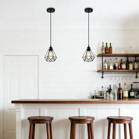 Black Pendant Lights 2 Pack Farmhouse Industrial Metal Cage Ceiling Fixtures Adjustable Hanging Lights over bar area
