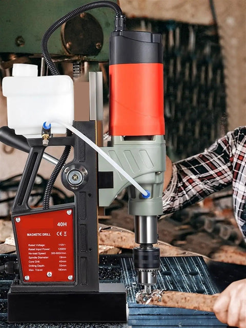 Beefy Magnetic Drill Press 1200W Heavy Duty Mag Drill Bench for Steel Construction showing drilling close-up with coolant.
