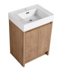 HAOCHRYSYPH Bathroom Resin Sink, Gloss White, 23.60 L x 18.10 W x 4.70 H in. with wooden cabinet base.