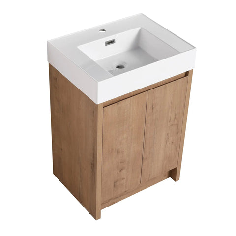 HAOCHRYSYPH Bathroom Resin Sink, Gloss White, 23.60 L x 18.10 W x 4.70 H in. with wooden cabinet base.