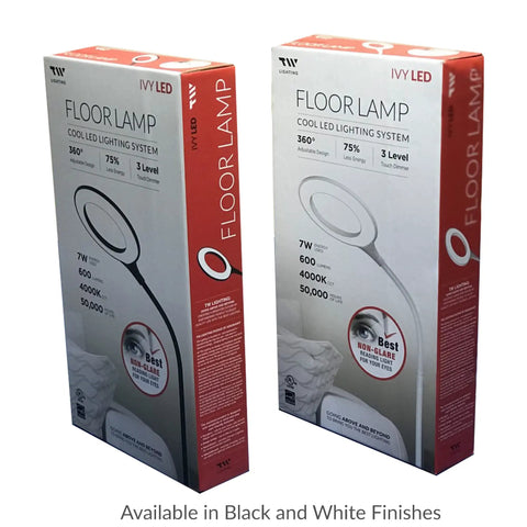 Gooseneck LED Floor Lamp For Office Reading And Bedrooms Non Glare Eye Safe Lighting 600 Lumens packaging boxes in red and white.