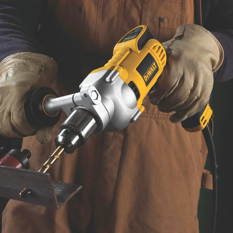 1/2 Inch Variable Speed Drill With Pistol Grip, Reversible Chuck, Anti-Lock Control And 10.5 Amp Motor in action on metal