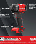 V20 Cordless 1 Quarter Inch Impact Driver Bare Tool Only With Brushless Motor showing features like hex chuck and LED work light