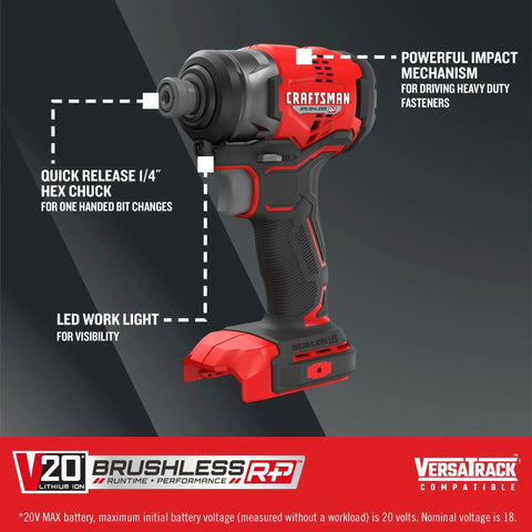 V20 Cordless 1 Quarter Inch Impact Driver Bare Tool Only With Brushless Motor showing features like hex chuck and LED work light