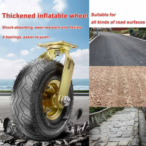 Inflatable caster wheel with brass top plate, suitable for various road surfaces, shock-absorbing and wear-resistant features visible