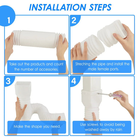 Installation steps for Flexible Downspout Extensions for Outdoor Gutter Systems, 2 Pack Rain Drain Extenders, Adjustable 21 to 70 Inches, White, Easy Connect Fittings, Splash Block Compatible, Keeps Water Away From Foundations and Protects Your Home