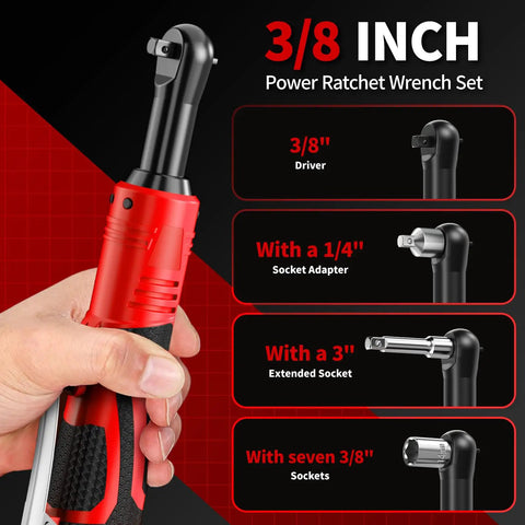 Electric Ratchet Wrench Set with 16.8V Cordless Power, 40 Ft Lbs Torque, 550 RPM, 3/8 inch drive, shown with attachments