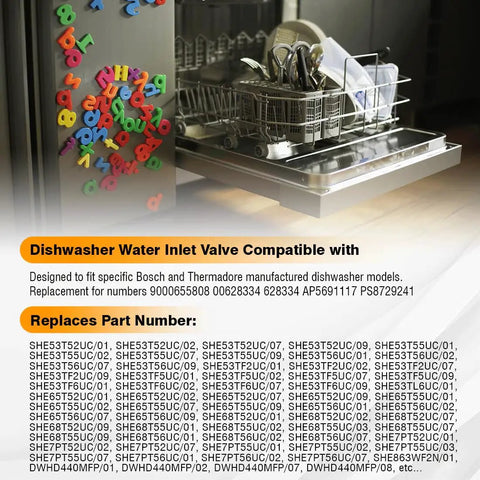 Image of an open dishwasher with utensils, showing compatibility details for OEM Dishwasher Water Inlet Valve 628334 00628334 Replacement.
