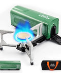 Portable Butane Camping Stove With Foldable Bucket Design Compact Gas Burner For Camping Emergency Use And Outdoor Cooking Sturdy Pot Support Carry Bag Included, showing green foldable stove with flame and carry bag.