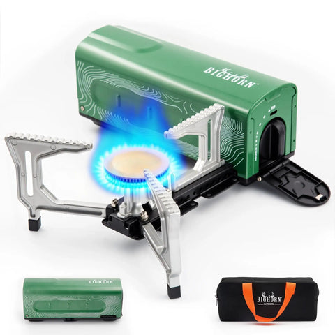 Portable Butane Camping Stove With Foldable Bucket Design Compact Gas Burner For Camping Emergency Use And Outdoor Cooking Sturdy Pot Support Carry Bag Included, showing green foldable stove with flame and carry bag.