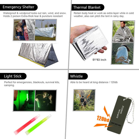 Emergency survival kit, black, 151 pcs; features emergency shelter, thermal blanket, glow sticks, and 120dB whistle.