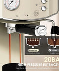 Close-up of Straight Up Retro 20 Bar Espresso Machine With Integrated Milk Frother, showing pressure gauge and dual coffee extraction.