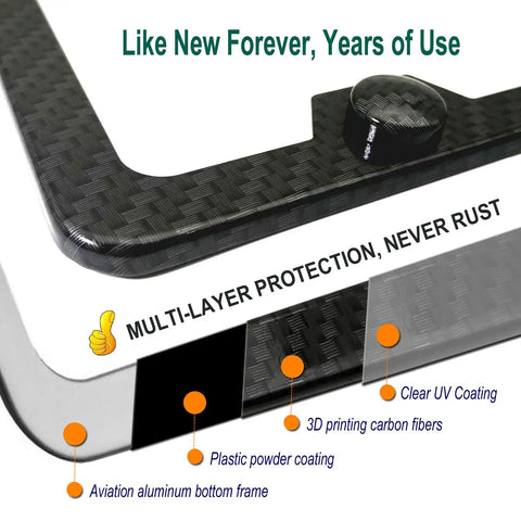 Close-up of anti theft license plate frames with carbon fiber look aluminum construction and stainless steel anti theft screws.