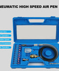 Air Powered Pencil Die Grinder Kit Pumping 65000 Rpm Beefed Up Torque with compact blue case and accessories for precision work.
