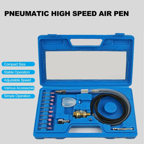 Air Powered Pencil Die Grinder Kit Pumping 65000 Rpm Beefed Up Torque with compact blue case and accessories for precision work.