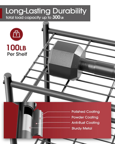 Three Tier Wire Shelving Unit With Adjustable Feet Heavy Duty Metal Organizer For Garage Pantry Laundry And Kitchen Space Saving Workhorse 18x12x30 Inches Black close-up of 100 lb per shelf coating details