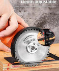 Badass Portable Angle Grinder Cutting Stand And Bracket Set With Quick Release Mounts adjusting the depth on wood cuts.