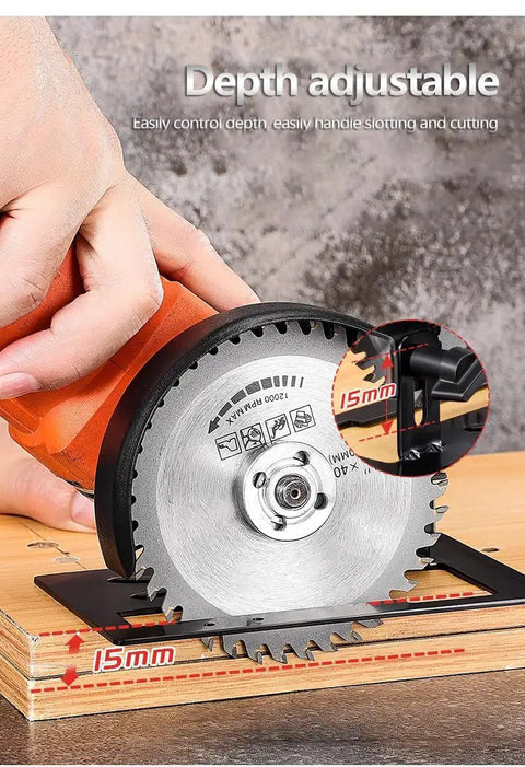 Badass Portable Angle Grinder Cutting Stand And Bracket Set With Quick Release Mounts adjusting the depth on wood cuts.