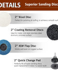 Close-up of a sanding disc kit, showing 2" wool disc, coating removal disc, 40# flap disc, and quick change pad details.