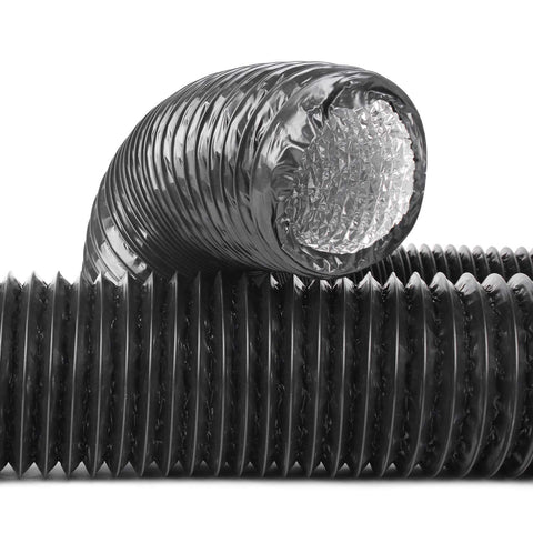 Close-up of 4 Inch Flexible Duct Hose, 12 Foot Black Vent Tube With 4-Layer Aluminum Construction And 2 Clamps, Heavy Duty Venting Solution