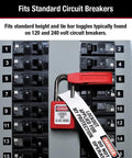 Top Shelf Hella Secure Red Circuit Breaker Lockout For Standard Single Double Toggle Boxes With Real Deal Grip Tight Design No Sweat Setup For Osha Compliant Lockout Tagout Safety Gear Pack Of 2, showing secured circuit breakers.
