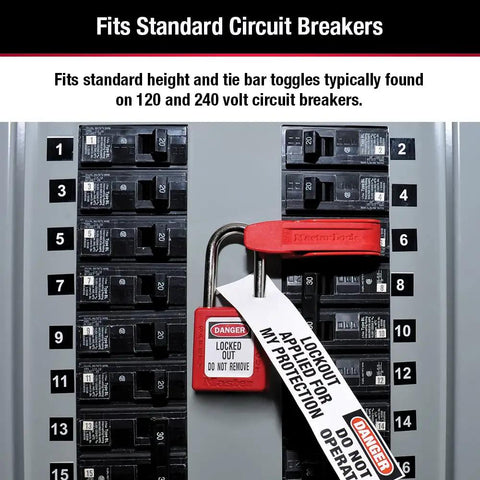 Top Shelf Hella Secure Red Circuit Breaker Lockout For Standard Single Double Toggle Boxes With Real Deal Grip Tight Design No Sweat Setup For Osha Compliant Lockout Tagout Safety Gear Pack Of 2, showing secured circuit breakers.