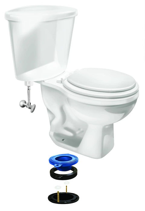 Wax Free Universal Toilet Seal Gasket Fits 3 Inch Or 4 Inch Drains With Stackable Seal and Slide On Spacer Brass Hardware shown below toilet