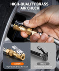 Digital Tire Pressure Gauge And Inflator Kit 250 PSI Heavy Duty Air Chuck Stainless Braided Hose in use on tire