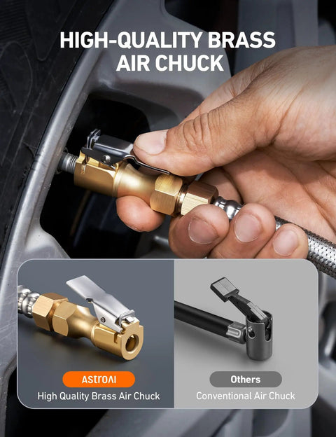 Digital Tire Pressure Gauge And Inflator Kit 250 PSI Heavy Duty Air Chuck Stainless Braided Hose in use on tire