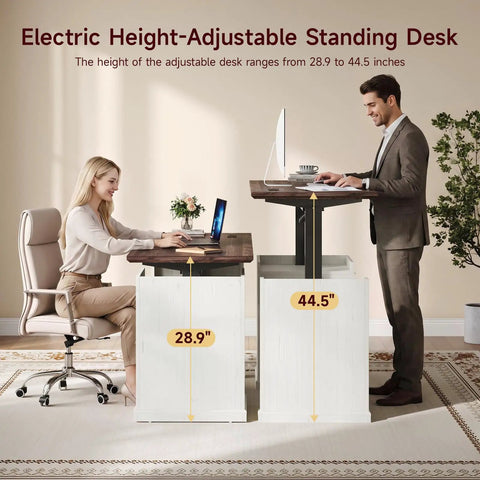 55 Inch Electric Standing Desk Farmhouse Style Sit Stand Workstation Featuring Smooth Silent Motors with adjustable height 28.9 to 44.5 inches.