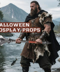 Man holding a 33.4 Inch Foam Meteor Hammer Prop For Cosplay And Halloween, silver finish, knight mace weapon with fur-clad costume.